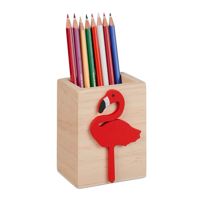 Stiftehalter Flamingo, Holz, HxBxT: 10 x 8 x 6 cm, Kinder Stiftebox für Schreibtisch, Pinselhalter, natur/rot - Relaxdays