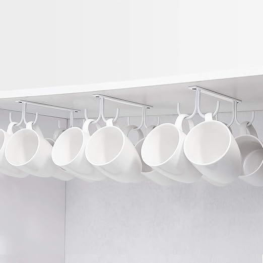 3er-Set Tassenhalter, weißer Kaffee, hängender Getränkehalter unter dem Schrank, Metall-Aufbewahrungshaken unter dem Schrank, Regal, Schrank, mit 4