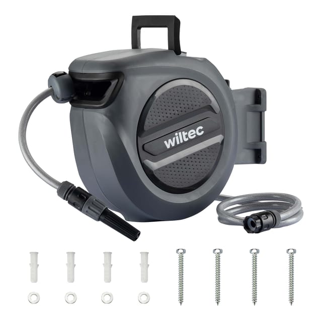 XPOtool Schlauchtrommel, Wand Schlauchbox mit Aufroll-Automatik und 15m Wasserschlauch, Gartenbewässerung