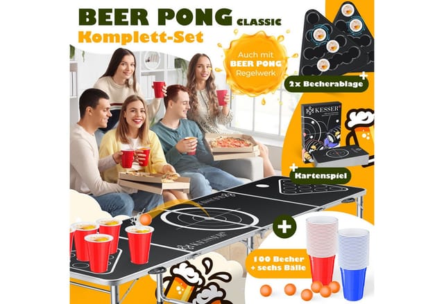 Beer Pong Tisch Set mit Kartenspiel Trinkspiel - inkl. 100 Becher (50 Rot & 50 Blau) 6 Bälle + Regelwerk Partyspiele Table Höhenverstellbar Classic