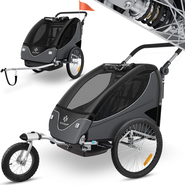 Kinderanhänger Fahrradanhänger 360° Drehbar Mit Federung 2in1 Joggerfunktion Kinderfahrradanhänger + 5-punkt Gurt Jogger Fahrrad Anhänger Schwarz / Anthrazit - Kesser