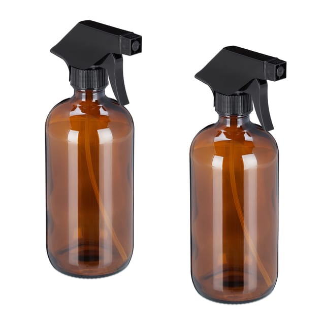 4 x Sprühflasche Glas, Füllmenge 500 ml, Set, nachfüllbar, Nebel & Strahl, Haarpflege, Reinigung, Zerstäuber, braun