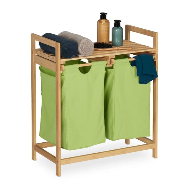 Wäschekorb Regal, ausziehbar, hbt: 73 x 64 x 33 cm, Wäschesammler Bambus, 2 Fächer, Wäscheablage, natur/grün - Relaxdays