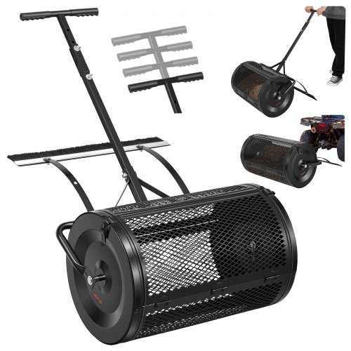 Kompoststreuer 76,5 L, 61 Cm Torfstreuer Mit Schiebe-/ziehgriff, Torfmoosstreuer 4-fach Höhenverstellbar, Pulverbeschichtete Stahl-kompostrolle, Miststreuer Zum Pflanzen & Aussäen, Schwarz