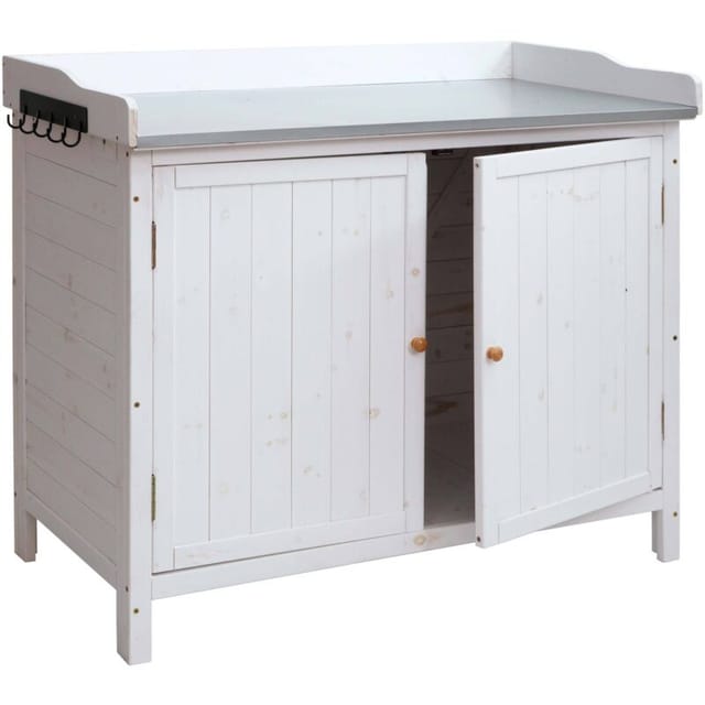 Gartenschrank mit Arbeitsplatte HHG 095, Pflanztisch, Outdoor Tanne Holz MVG-zertifiziert 86x104x52cm weiß