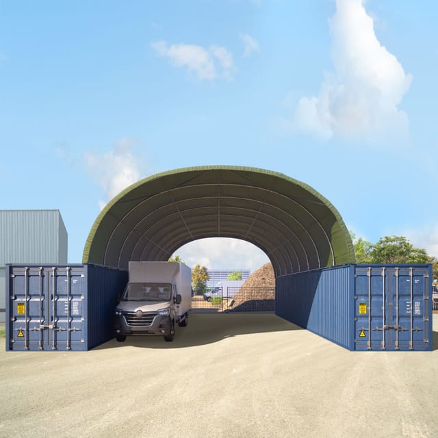 8x12 m Container Überdachung, PRIMEtex 2300 pvc Plane, dunkelgrün