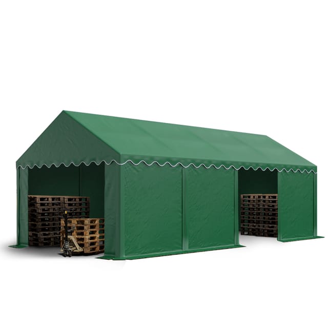 Lagerzelt 4x8 m Industriezelt Unterstand pvc Plane 750 n dunkelgrün mit Bodenrahmen und Dachverstärkung - Toolport
