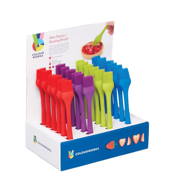 Colourworks brights Display mit 24 farblich sortierten Silikon-Mini-Pinseln für Gebäck