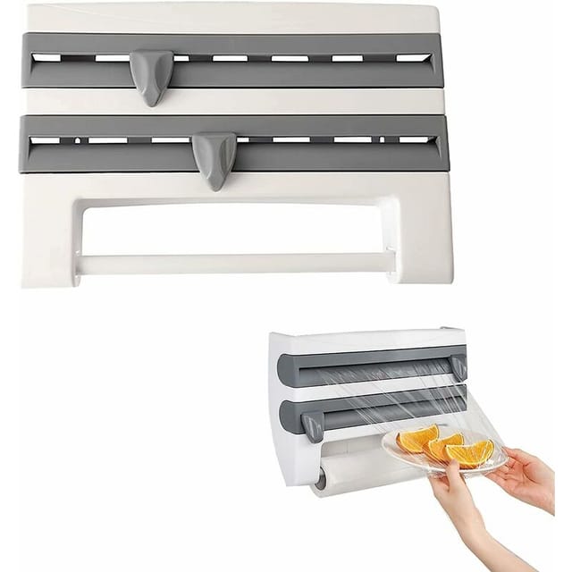Wandmontierter Frischhaltefolienrollenhalter Für Die Küche, Aluminiumfolien- Und Folienspender, Wandmontierter Papierhandtuchhalter Mit Dreifachem Abroller, Folienschneider (grau)