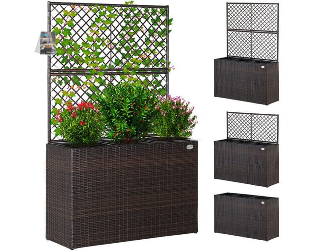 Blumenkasten 3 Innentöpfe Polyrattangeflecht Rankgitter Blumentopf Übertopf Pflanzkübel Pflanzkasten braun - Casaria