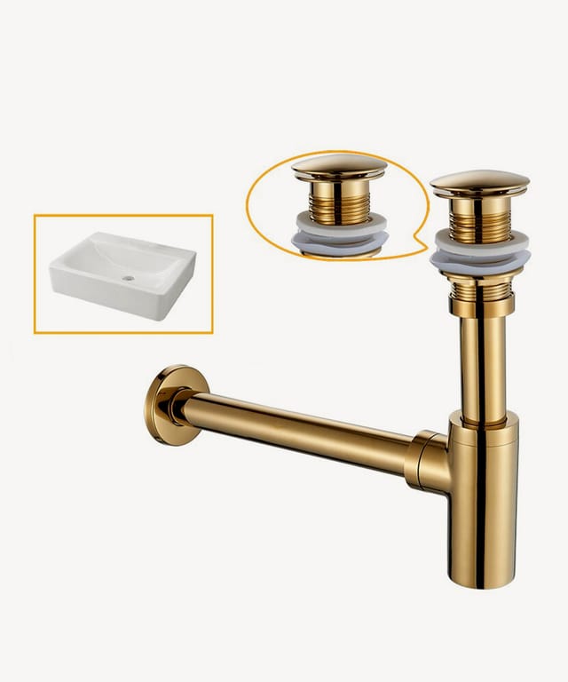 Kroos ® - Zylindrischer Waschtischsiphon mit Goldmessing-Überlaufgarnitur