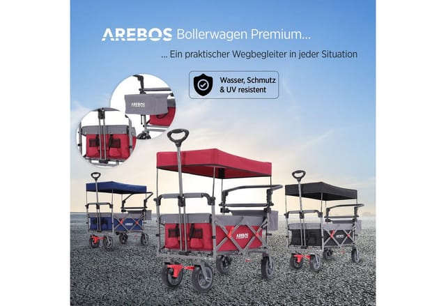 AREBOS Bollerwagen Premium faltbar mit Dach Handwagen mit 3-Punkt Gurtsystem Faltwagen Transportwagen klappbar bis 100 kg Tragkraft Vorder- und