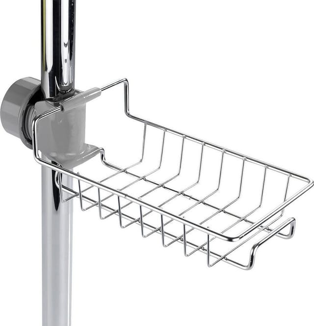 Maximex Duschablage Edelstahl, Duschregal, einfach an Duschstange montierbar, Silber glänzend, Edelstahl rostfrei silber glänzend, Polypropylen grau