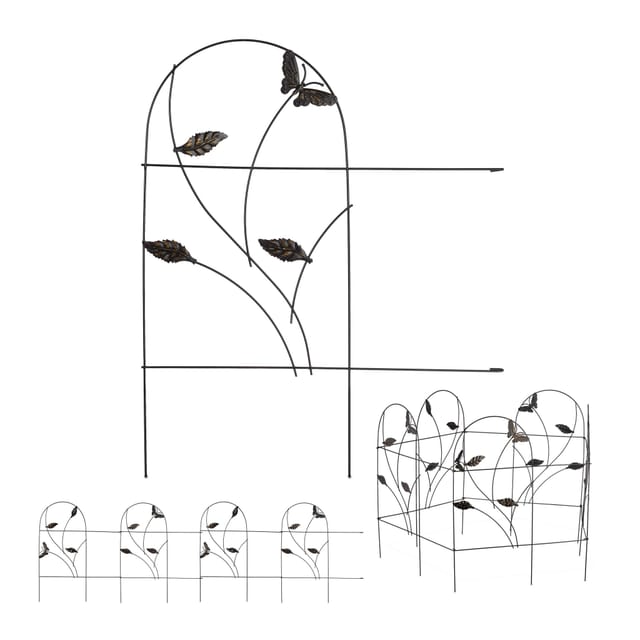 Beetzaun, 5-teilige Beetumrandung für Garten, Dekozaun Metall, Schmetterling Design, HxB: 46 x 250 cm, schwarz - Relaxdays