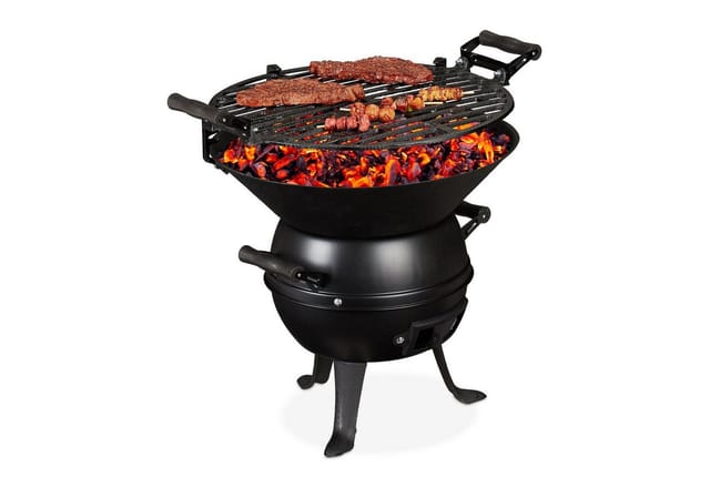 Grillfass, Gusseisen und Stahl, höhenverstellbar, tragbar, Barbecue Holzkohlegrill, Grillrost ø 35 cm, schwarz - Relaxdays