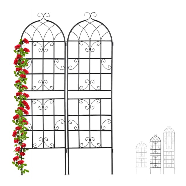 Rankgitter Metall, 2er Set, zum Stecken, Rankhilfe für Kletterpflanzen, 180 x 50 cm, Spalier Garten, schwarz - Relaxdays