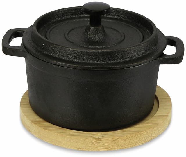 Gusseiserner Topf mit Deckel und Brett zum Servieren von warmen Speisen, 200 ml