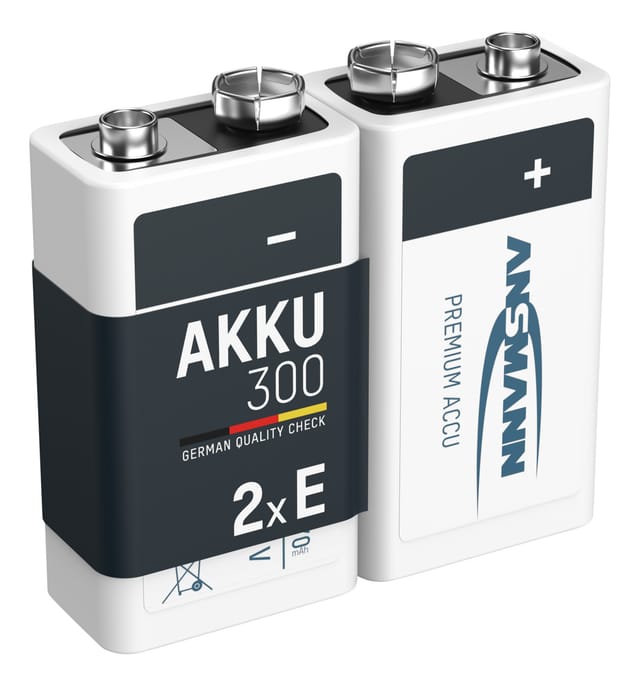 Akku 9V 300mAh E-Block NiMH – 1000x wiederaufladbar (2 Stück) - Ansmann