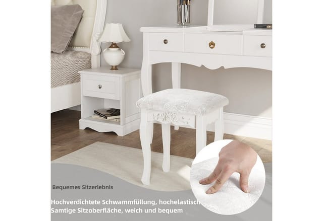 Schminkhocker, Sitzhocker, Hocker Landhaus Hocker, Polsterhocker, mdf Holz, Weiß lackiert, für Schminktisch, Barock, Cremeweiß - Woltu