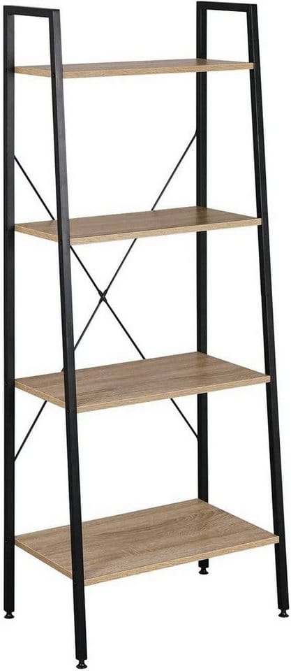 Standregal Leiterregal Bücherregal mit 4 Ablagen, für Wohnzimmer, Schlafzimmer Hochregal Dunkelbuche 60x35x148 cm, hell Eiche+schwarz - Woltu