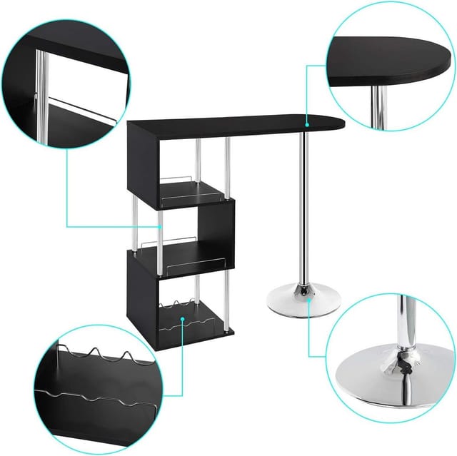 Bartisch Stehtisch Bistrotisch Bartheke Tresentisch, mit 3 Ablagefläche, mit Weinregale, Metall, mdf, Schwarz, 113x40x105cm(BxTxH) - Woltu