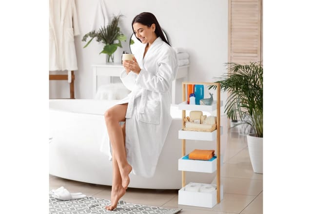 Relaxdays - Badregal, 4 Ablagen, Bambus & mdf, Badezimmer Aufbewahrung, schmales Ablageregal hbt 88x30x18 cm, weiß/natur