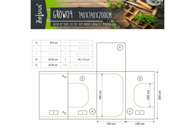 Zelsius - Grow Tent 140 x 140 x 200 cm grau/schwarz Pflanzenzucht Indoor
