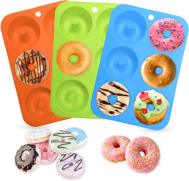Silikon-Donutform, 3-teilig, Cake Factory, 6 Mulden, geeignet für die Herstellung von Donuts, Muffins und Kuchen (Blau + Orange + Grün)