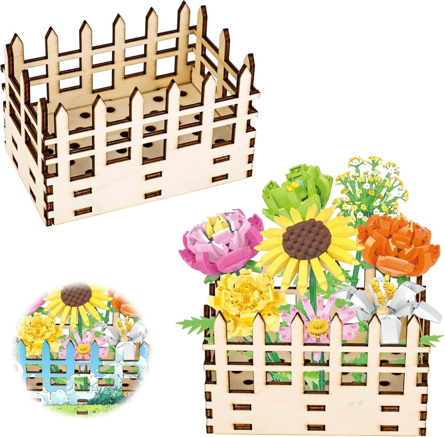 Blumenvase für Lego, Ausstellungsständer aus Holzzaun, für Lego-Blumenstrauß, Kirschblüten, Sonnenblumen, Tulpen