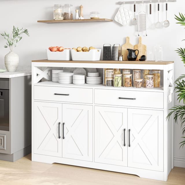 Jookgbd-sideboard 140x40x105 Cm,aufbewahrungsmöbel Mit Schubladen Und Türen,küchenschrank Mit Verstellbaren Einlegeböden Und Offenem Fach,sideboard Für Wohnzimmer Und Küche,weiß
