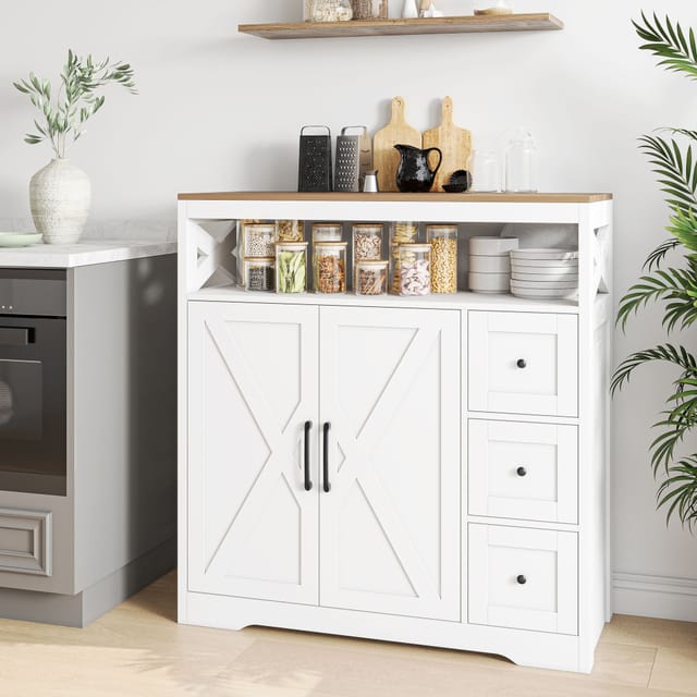 Jookgbd-sideboard 100x40x105 Cm,aufbewahrungsmöbel Mit Schubladen Und Türen,küchenschrank Mit Verstellbaren Einlegeböden Und Offenem Fach,sideboard Für Wohnzimmer Und Küche,weiß