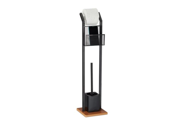 WC-Garnitur mit Ablage, Papierhalter, WC-Bürste, Bürstenhalter, quadratischer Fuß, Holzoptik, h 78 cm, schwarz - Relaxdays