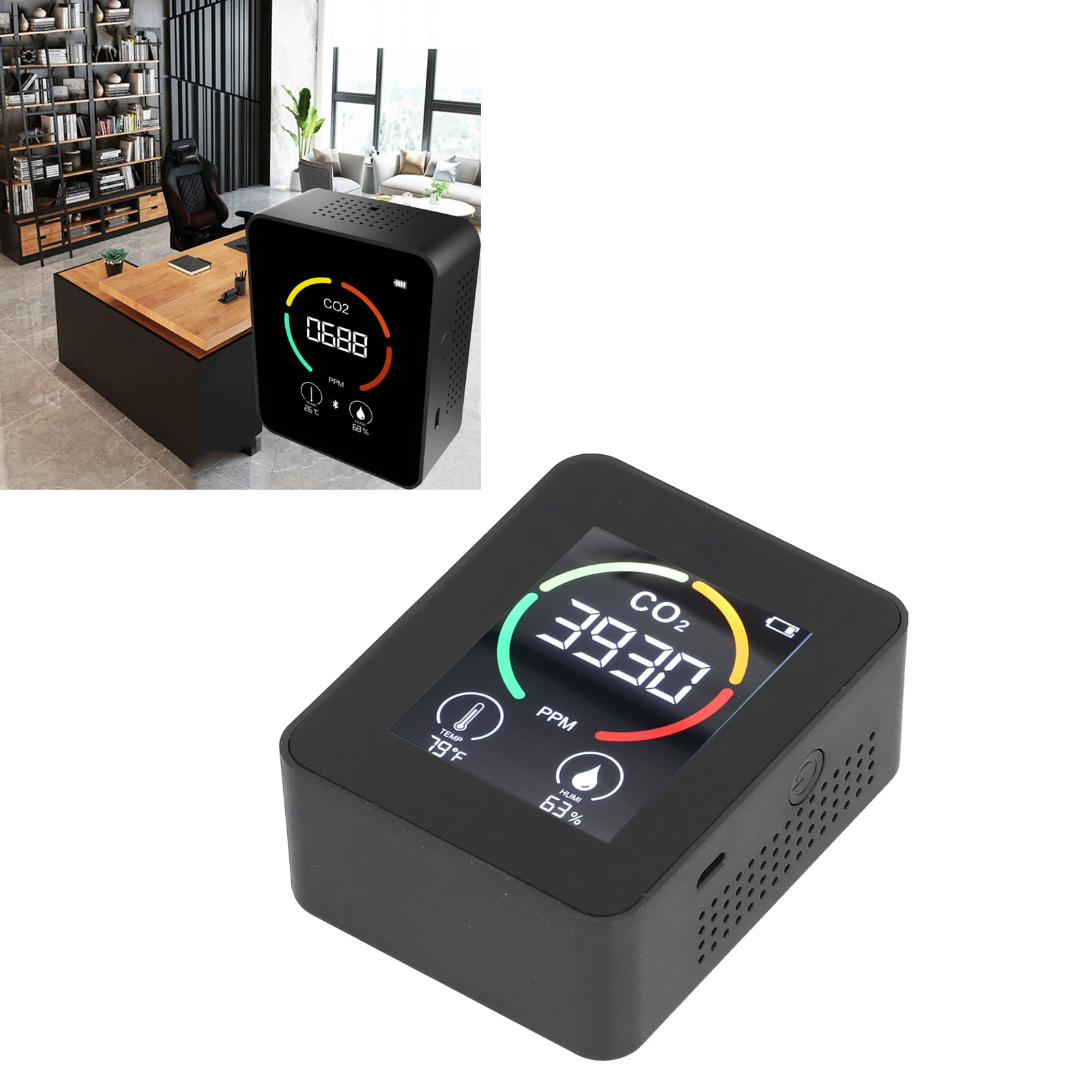 Intelligenter Digitaler Luftqualitätsdetektor, 3-in-1-kohlendioxid-, Temperatur- Und Feuchtigkeitsdetektor, Bluetooth-fähiger Luftreiniger, Usb-aufladbar, Schwarz.