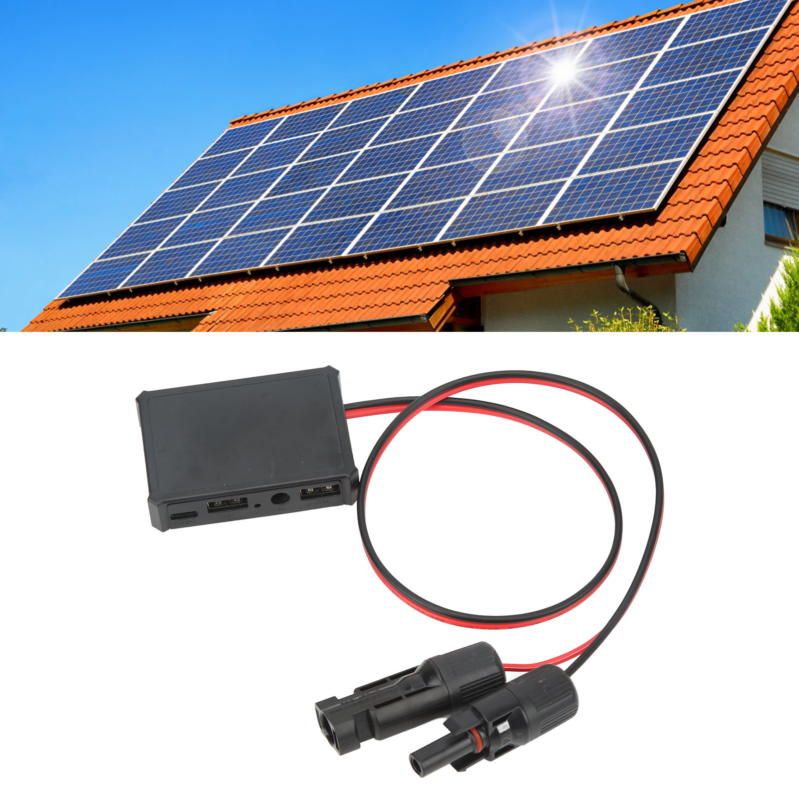 Der Mc4-zu-usb-spannungsregler Ist Ein Zubehörteil, Das Sich Zum Laden Von Mobiltelefonen Und Anderen Geräten Mithilfe Von Solarzellen Eignet.