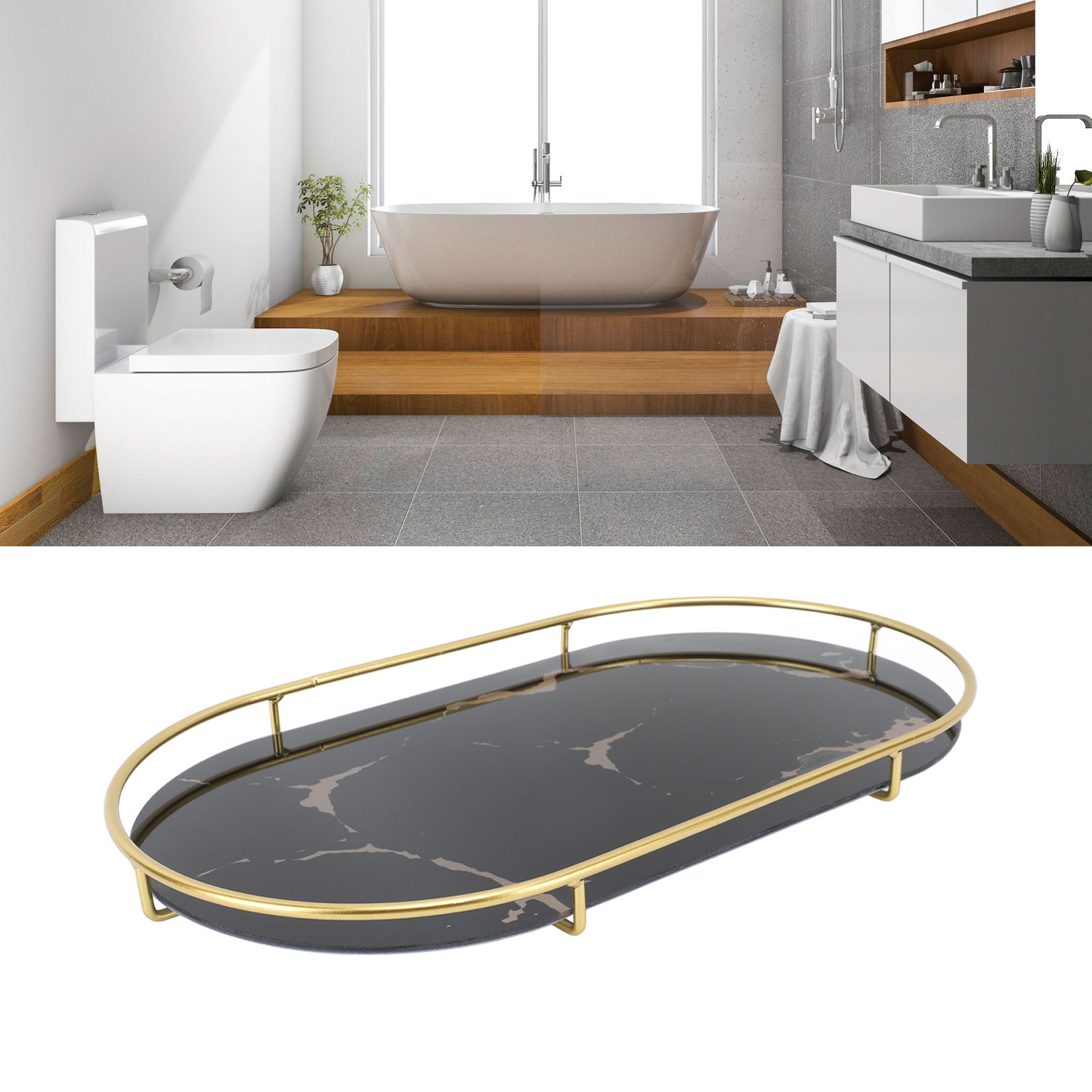 Badezimmerregal, Waschbeckenablage, Schwarzer Hintergrund Mit Goldenen Mustern, Ovale Form