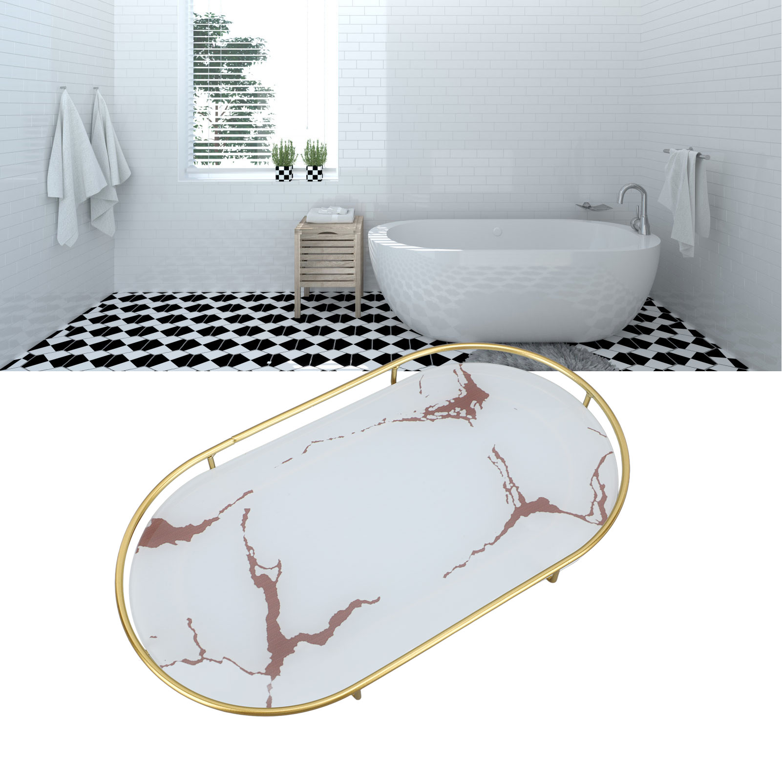 Badezimmerregal, Waschbeckenablage, Weißer Hintergrund Mit Goldenen Mustern, Ovale Form