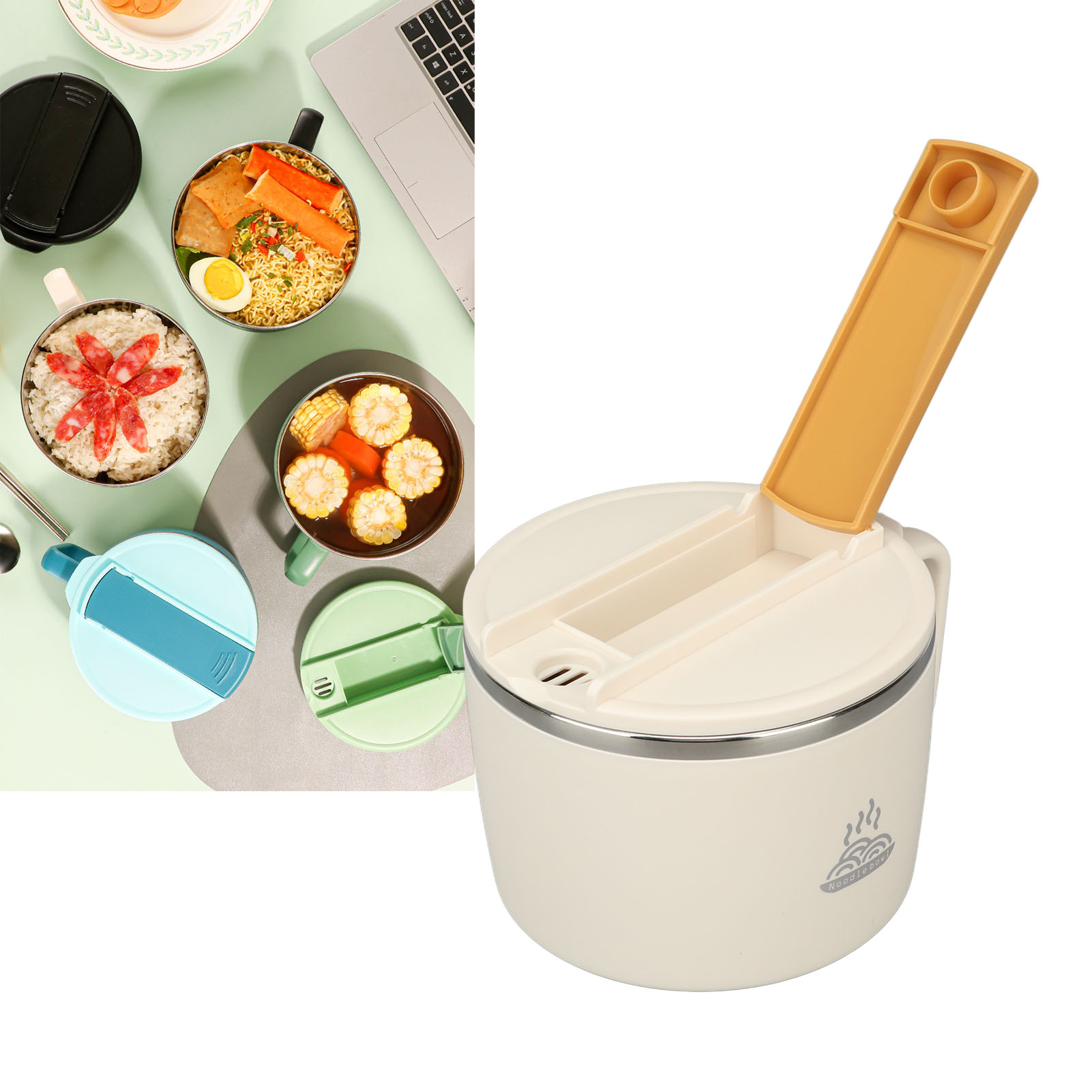 Tragbarer, Isolierter Becher Aus Edelstahl 304, Ideal Für Studenten, Für Schnelle Mahlzeiten, Mittagessen Im Büro, In Der Mensa Oder Im Studentenwohnheim. Großes Fassungsvermögen, Cremeweiß.