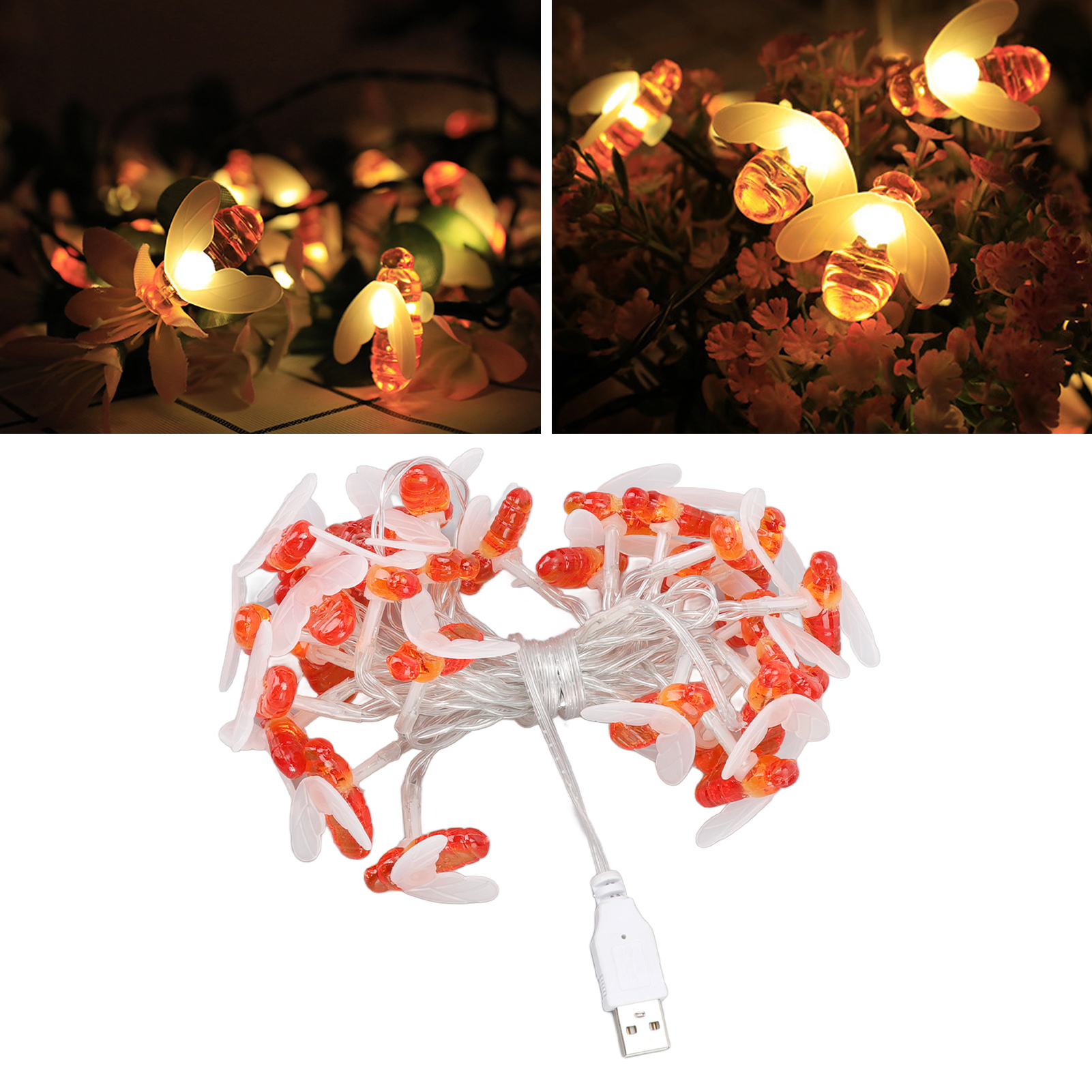 Wasserdichte Lichterkette In Bienenform, Weihnachtsdekoration, Led-lichterkette In Insektenform Mit Bienenmotiv, Usb-betrieben.