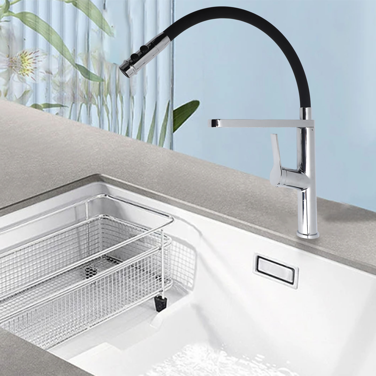 Hochdruck-küchenarmatur Mit Federmechanismus Und Ausziehbarem Teleskop-brausekopf Zum Waschen Von Gemüse Und Haushaltsspülen Spritzschutzfunktion