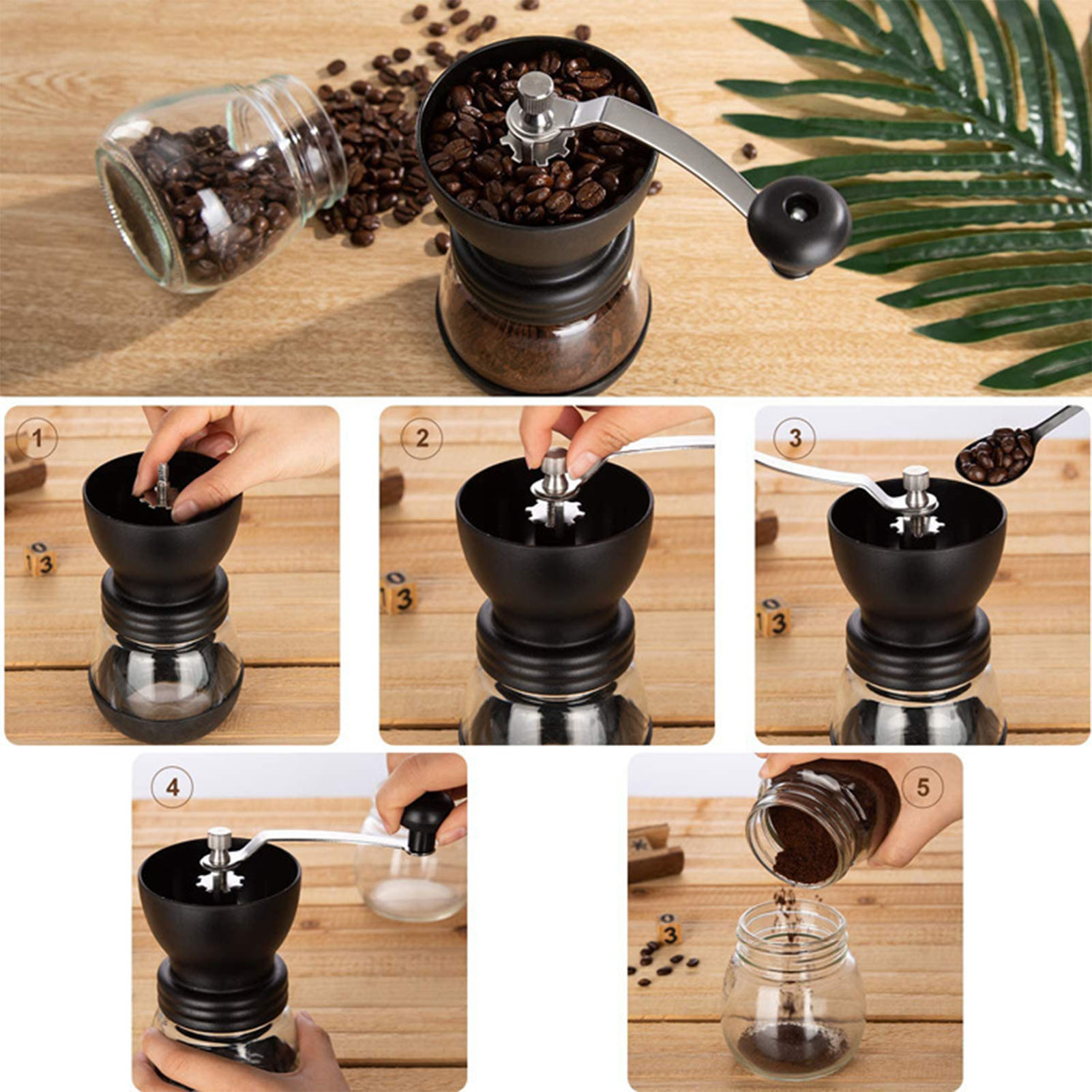 Kaffeemühle + Pulverbehälter, Manuelle Mühle, Handkurbel-kaffeemaschine, Wetterfeste, Abwaschbare Glas-kaffeemühle, Kaffeebohnenmühle, Handkurbel.