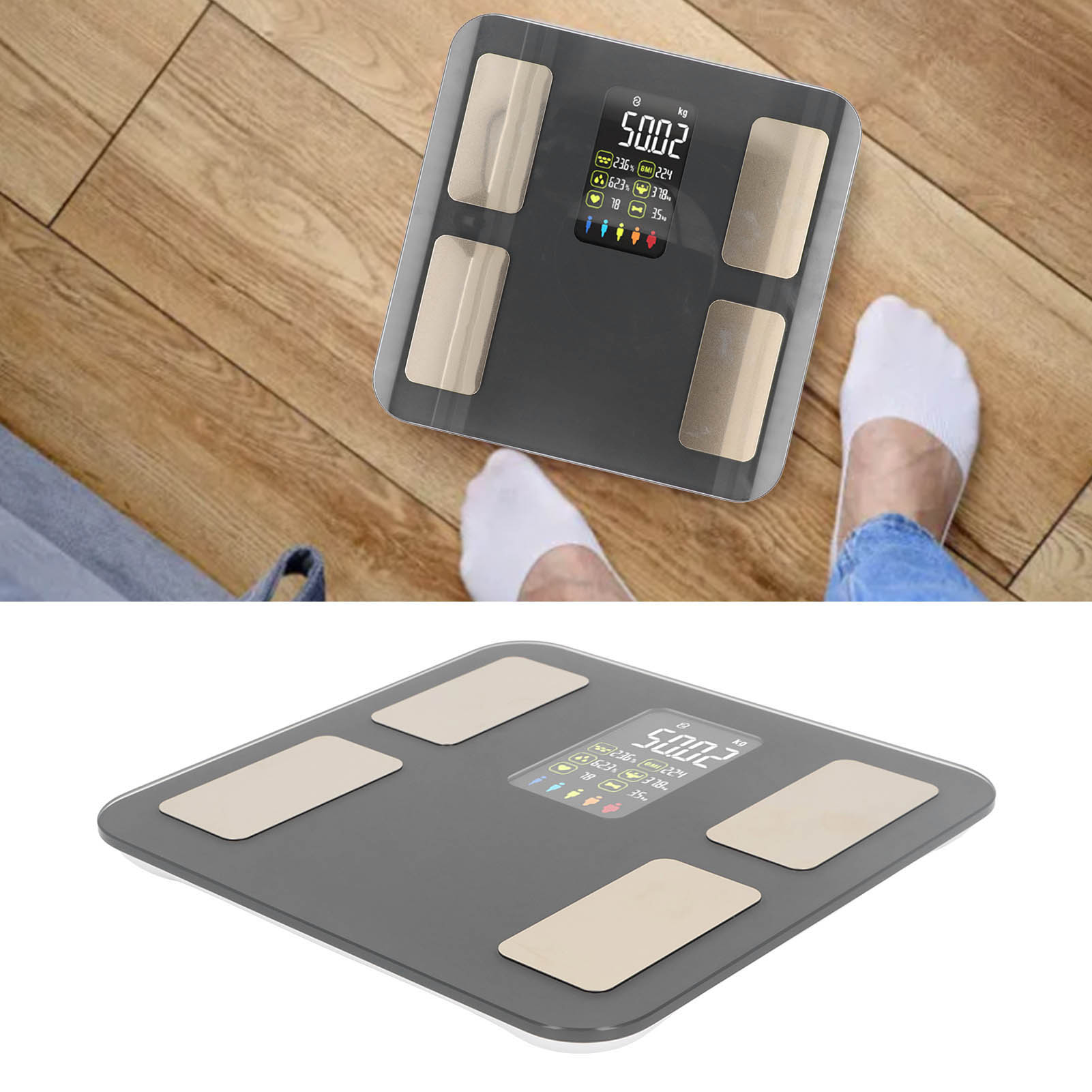 Präzise Vernetzte Waage Mit Sprachsteuerung Zur Messung Der Körperfettmasse, Maximales Gewicht 180 Kg, Wiederaufladbares Modell, Rauchgrau.