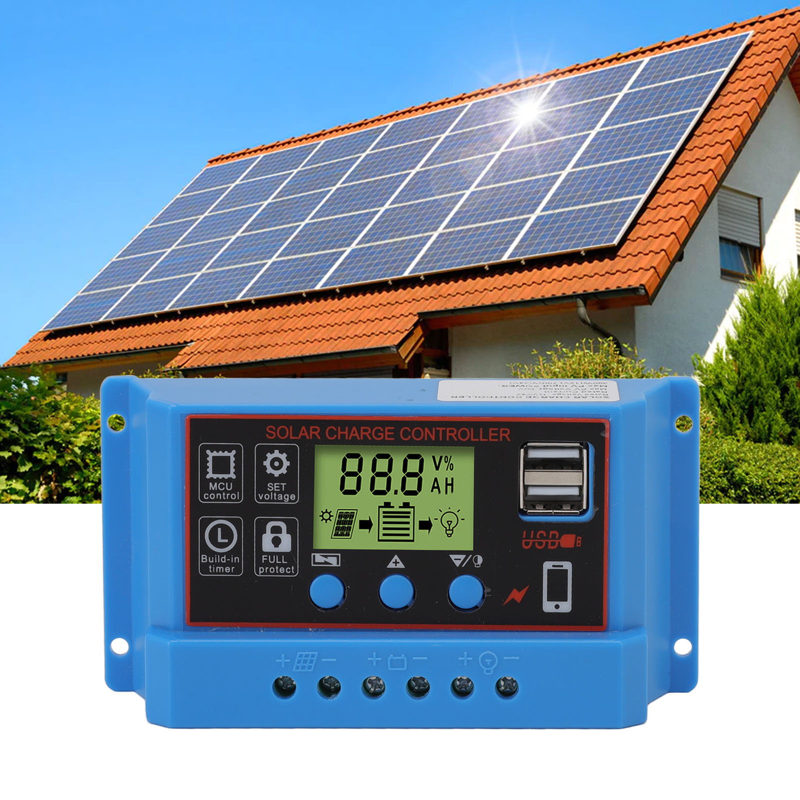 12v/24v 30a Photovoltaik-solarladeregler Mit Schwarzer Frontplatte Und Blauem Gehäuse