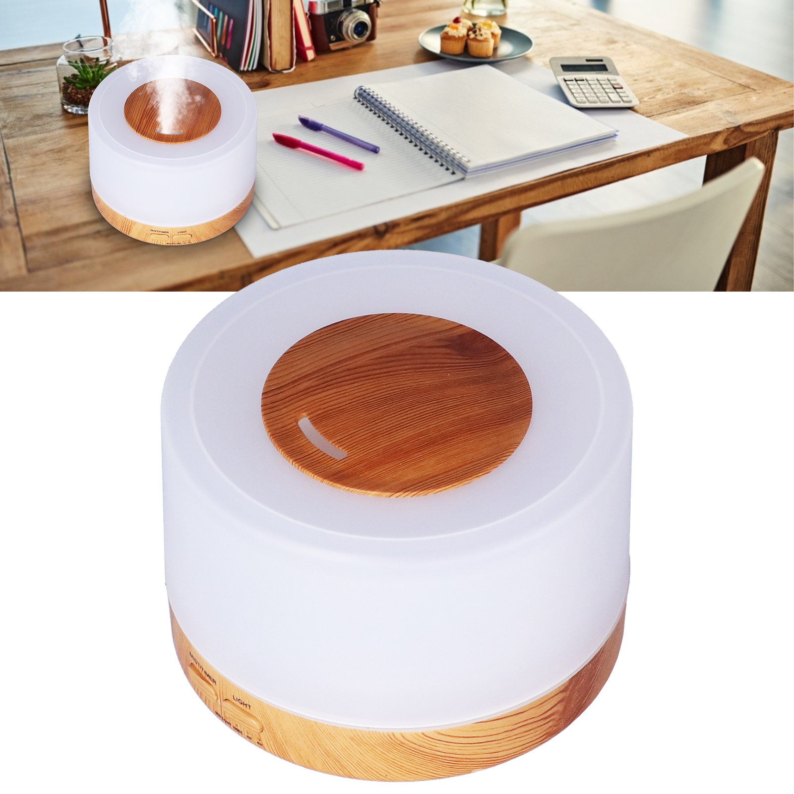 Aroma-diffusor (500 Ml) Mit Fernbedienung, Farbnebel-luftbefeuchter, Helles Holzdesign [fernbedienung Mit Integrierter Batterie] Europäischer Standard