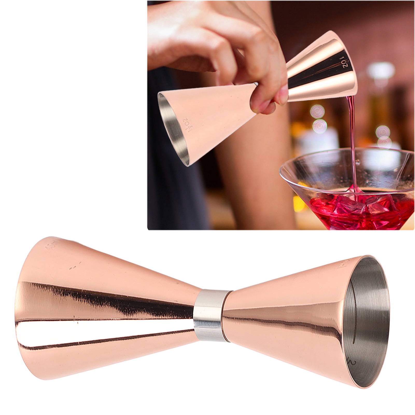 Doppelkammer-messbecher Aus Edelstahl 304 Mit Goldring Und Perlenmarkierungen, Kleine Größe (30 Ml), Roségold