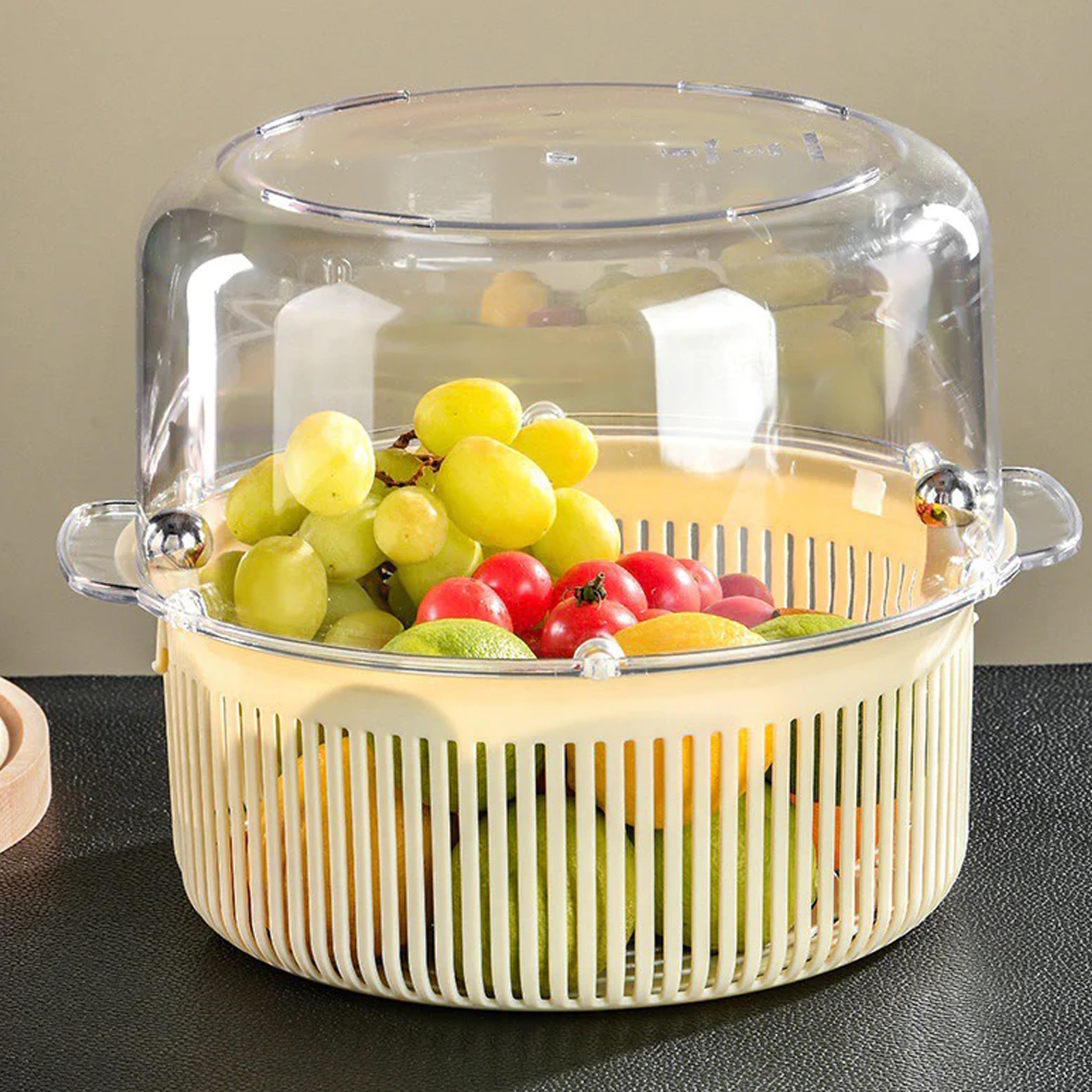 Drehbarer Abtropfkorb, Multifunktionaler Dörrkorb Für Obst Und Gemüse, Doppelwandige Abtropfschale Für Den Hausgebrauch, Obstschale, Transparent Und Cremeweiß
