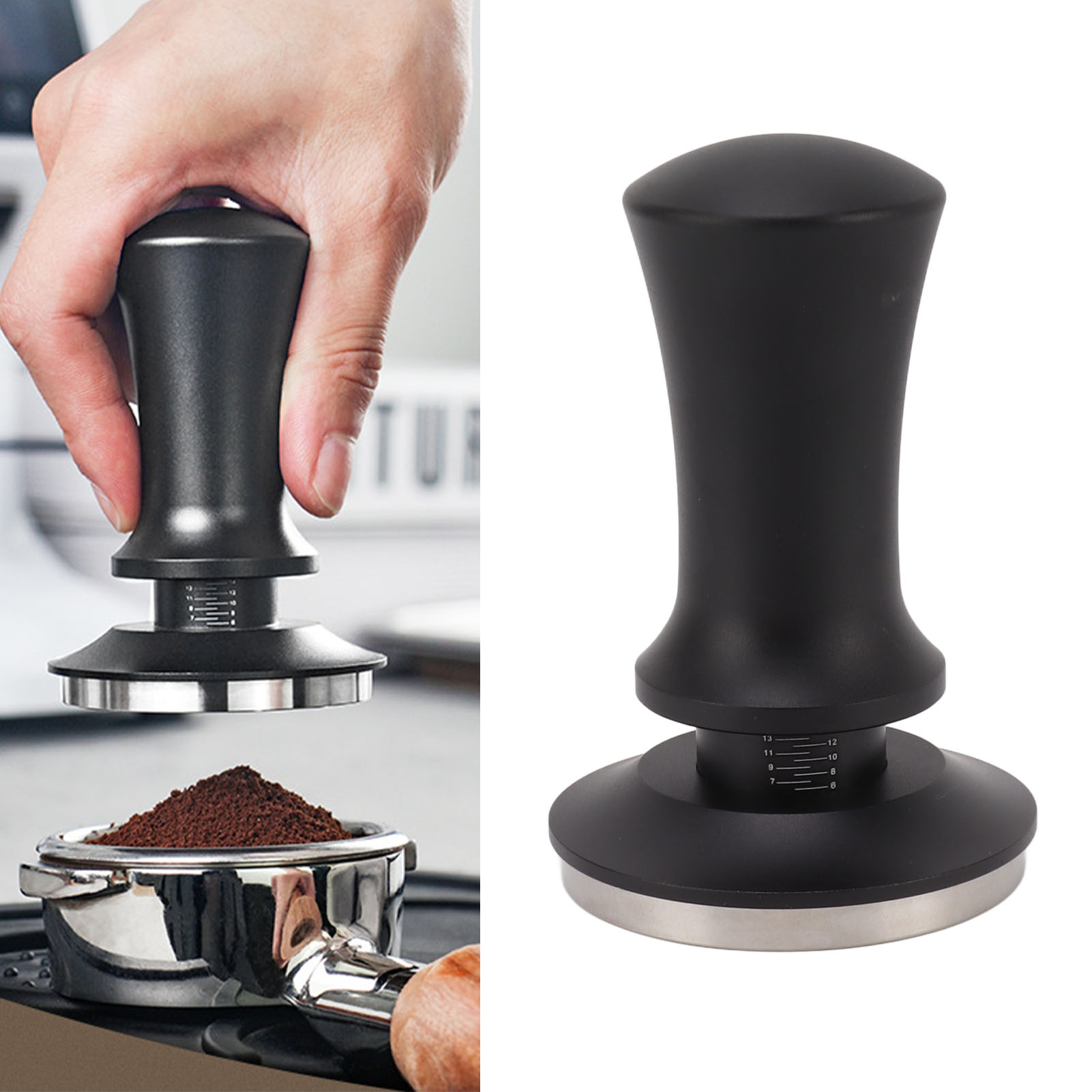 Espressotamper Aus Edelstahl Mit Konstantem Druck Und Graduiertem Tamperhammer, 58 Mm.