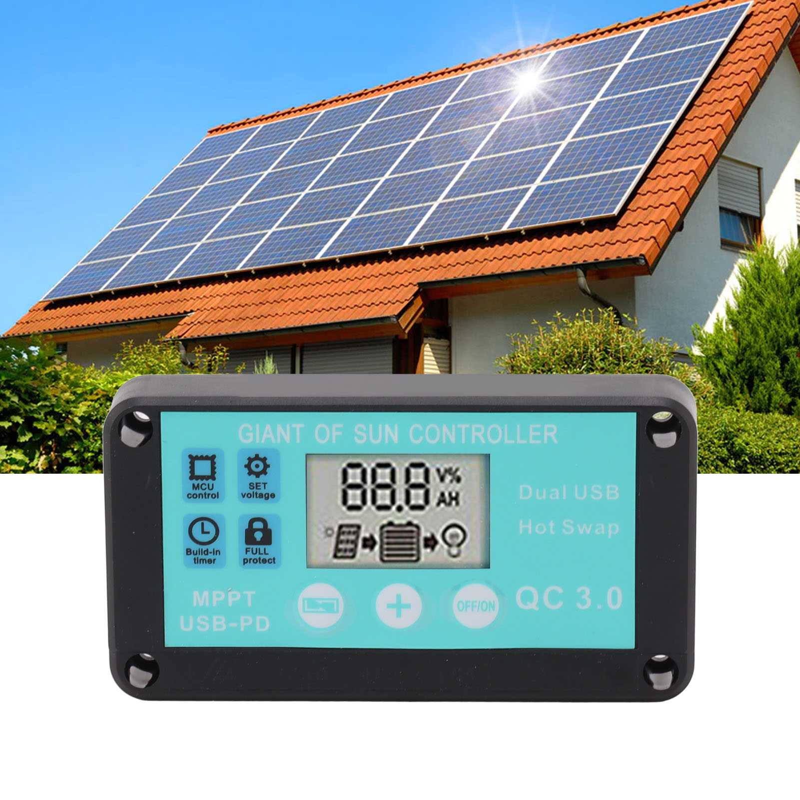 12/24v Solarladeregler Mit Zwei Usb-anschlüssen Und Usb-c Schnelllade-mppt-boost-ladegerät Für Mobiltelefone (qc3.0) Mit Pd-ausgang Und 50a Dc-buchse.