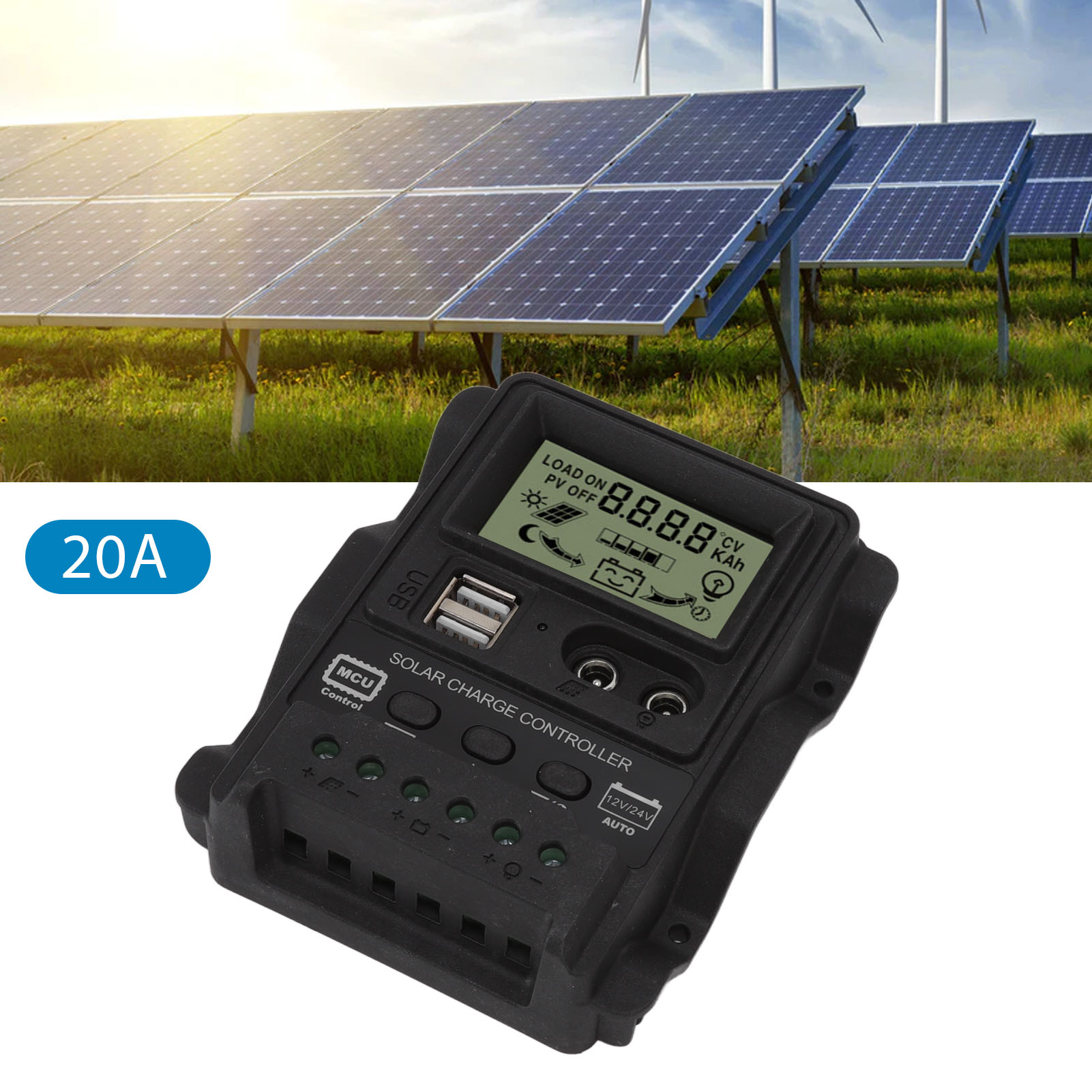 K1688 Dualer Dc-photovoltaik-leistungsregler, Schwarzes Gehäuse, 12v/24v, 20a Pwm-solarregler