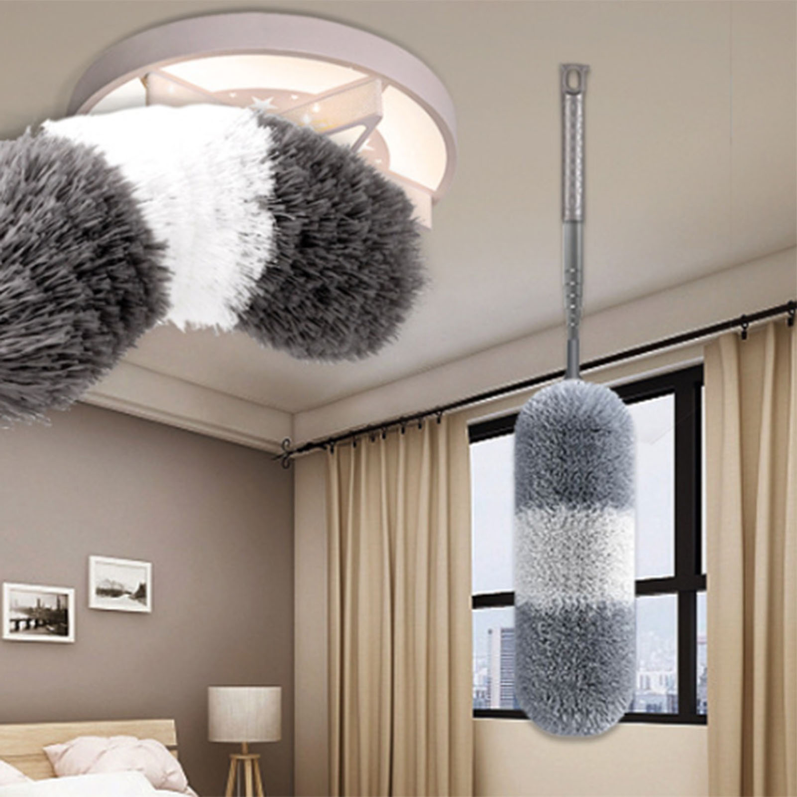 Staubwedel Aus Kunstfasern Mit Langem, Flexiblem, Waschbarem Und Ausziehbarem Griff Für Die Haushaltsreinigung. Der Teleskopgriff Lässt Sich Bis Zu 280 Cm Ausziehen. Grau Und Weiß.