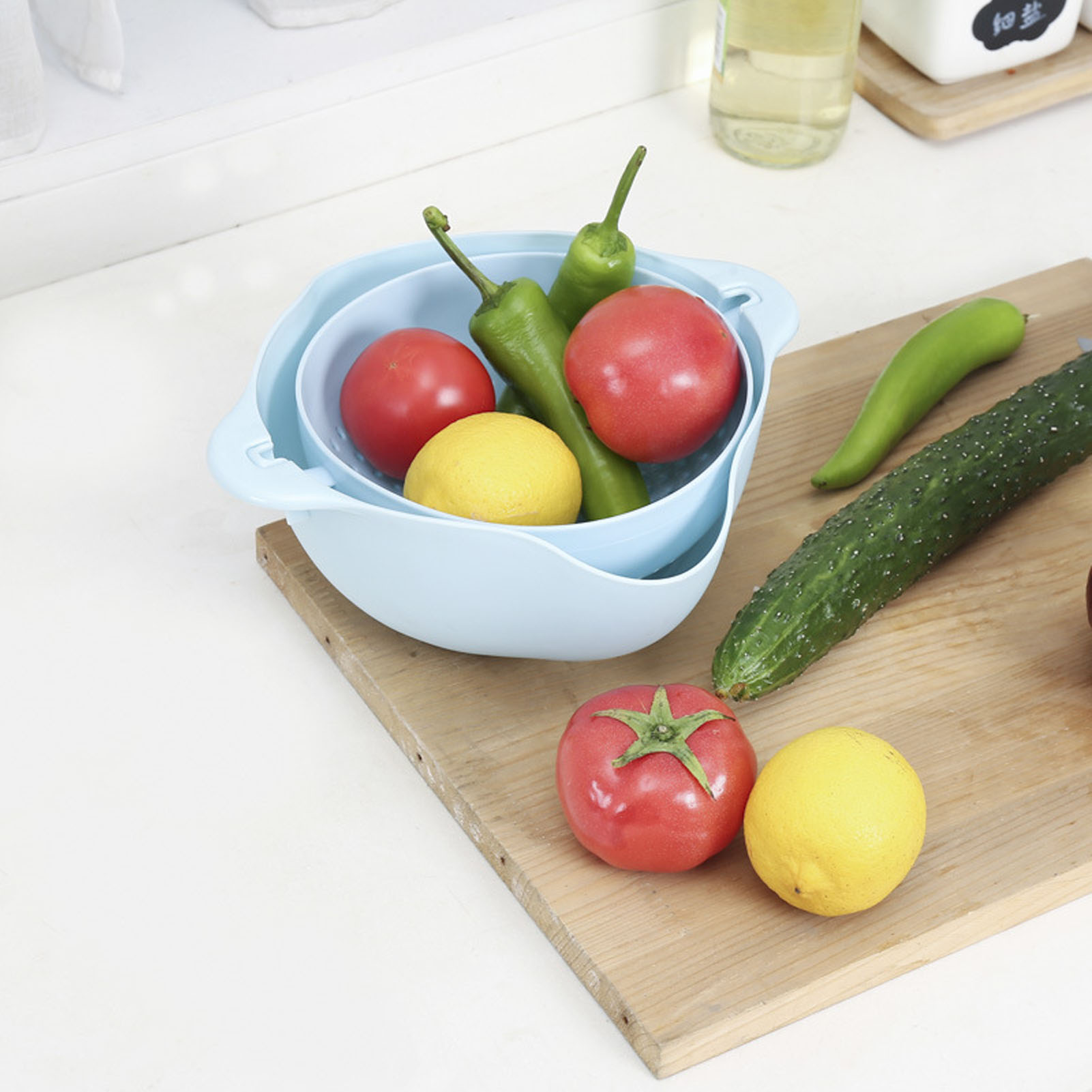 Drehbarer Abtropfkorb Mit Zwei Fächern / Abtropfschale / Gemüseschale / Obstkorb / Gemüseabtropfschale / Obstschale